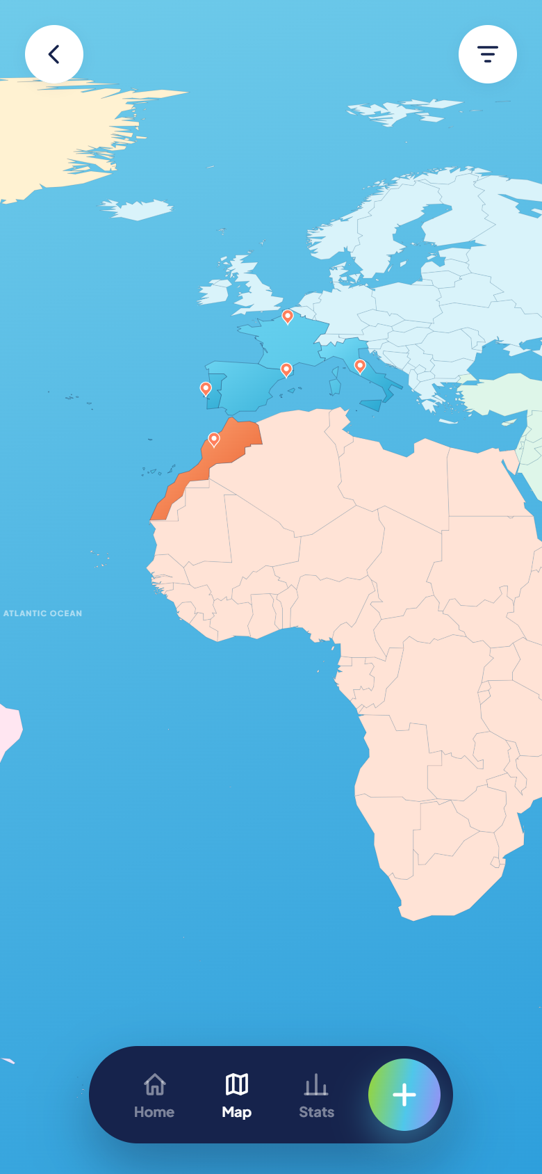 Turi's world map, with visited countries and cities marked