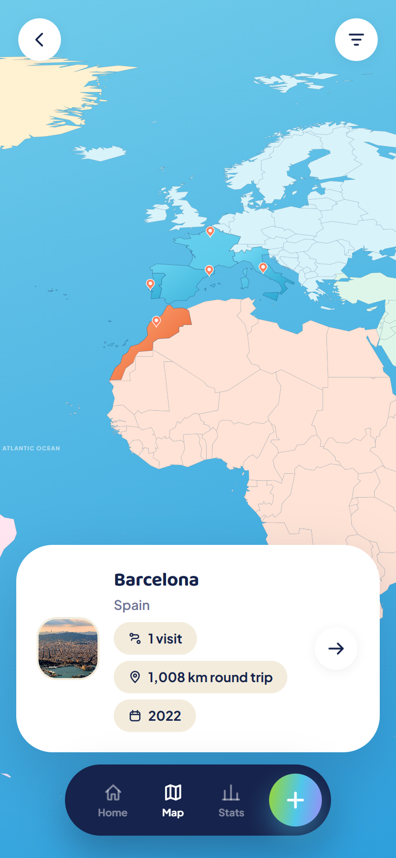 Tapping a pin on the map to preview a visited city